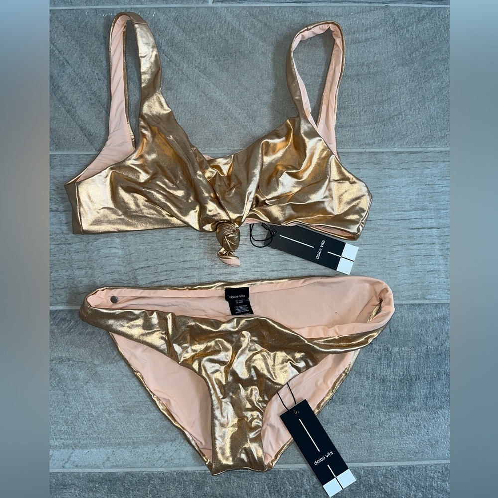 NWT Dolce Vita Reversible Knotted Front Gold 2 Piece Bikini - small